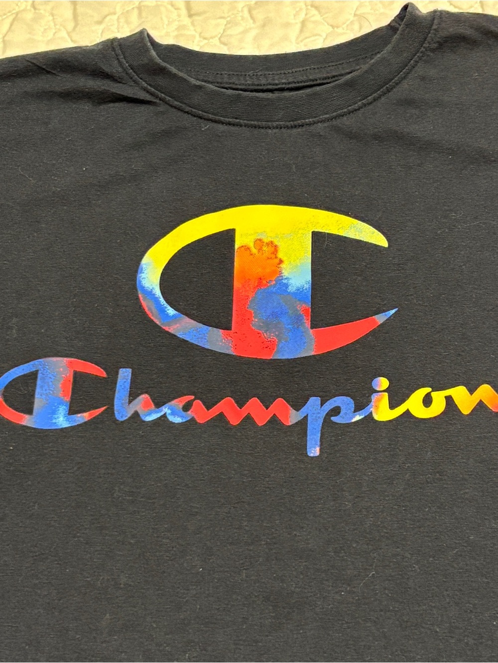 Champion Navy Blue Tee with Red, Blue and Yellow Logo